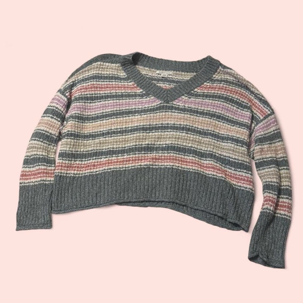 American Eagle Outfitters Multicolor Striped V-Neck Cropped Sweater